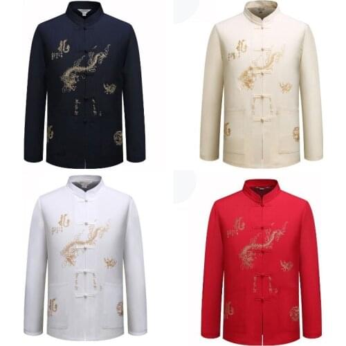 Tang Suit MenS Middle-Aged Elderly Long-Sleeved Shirt Tops Chinese Antique MenS Grandpa Spring Dress Stand-Up Collar Costume