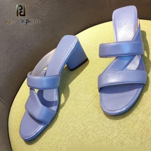 Open-toed leather mid-heel slippers summer round toe non-slip casual fairy style high-heel slippers women