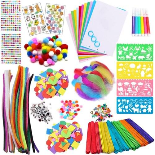 Colorful Pipe Cleaners Craft Kit Popsicle Plush Sticks Pompoms Stickers DIY Arts Supplies Children Kids Montessori Education Toy