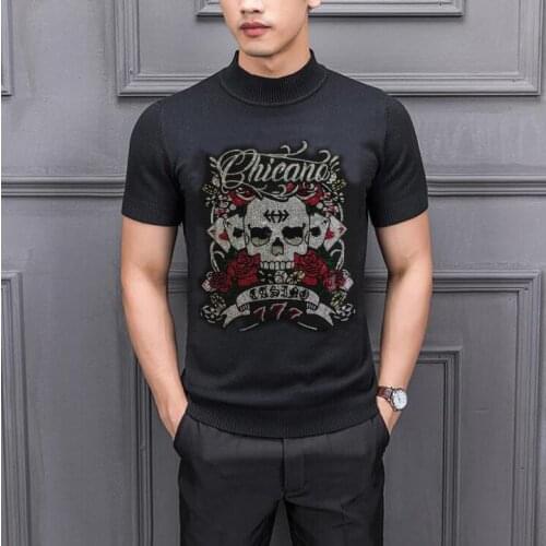 Skull cool Short Sleeve Rhinestones Male Sweater Boy slim Pullover Men Slim Thin Casual Oversized Sweater Hot drill