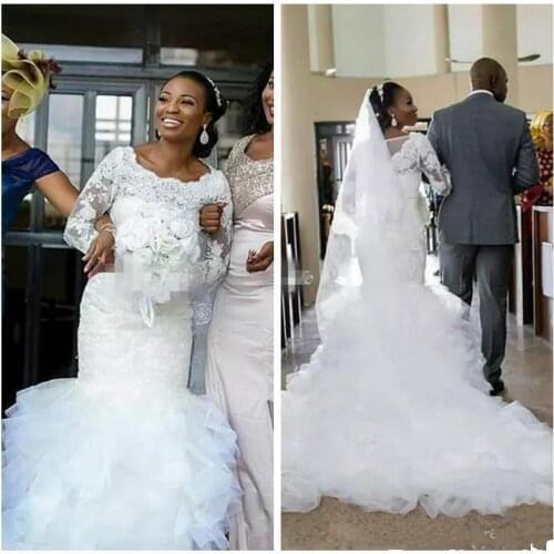 Long Sleeves Lace Appliques Slim Mermaid Wedding Dresses African Style Bridal Gowns Tiered Organza Formal Spring Vestidos