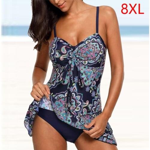 2020 Plus Size 8XL Tankini Swimming Suit Tow Piece Floral Print Swimsuit Womens Separate Bikini Waist Push Up Swimwear