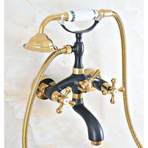 Gold & Black Oil Rubbed Brass Wall Mounted Bathroom Bath Tub Faucet Set with 1500MM Hand Held Shower Spray Mixer Tap 2na407