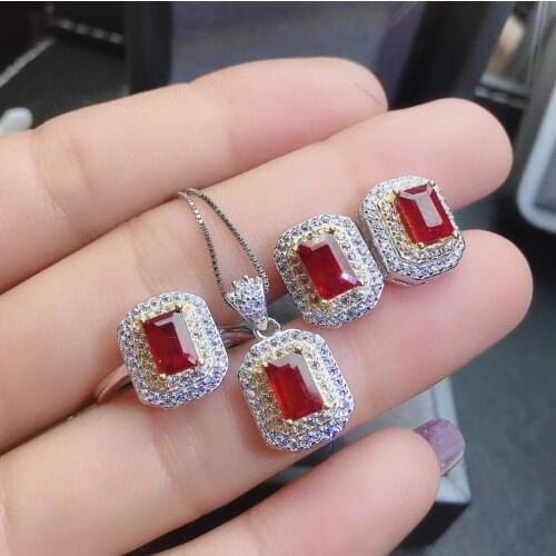 Luxury 100% Real and Natural Ruby Set 925 Sterling Silver 1pc Ruby Ring,2pcs Ruby Earring,1pc Ruby Pendant
