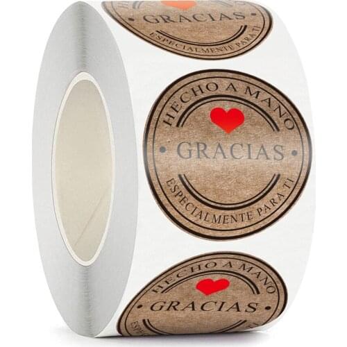 100-500pcs Retro Kraft sealing sticker Gracias Round Kraft Seal sticker For handmade products Vintage Label with red heart