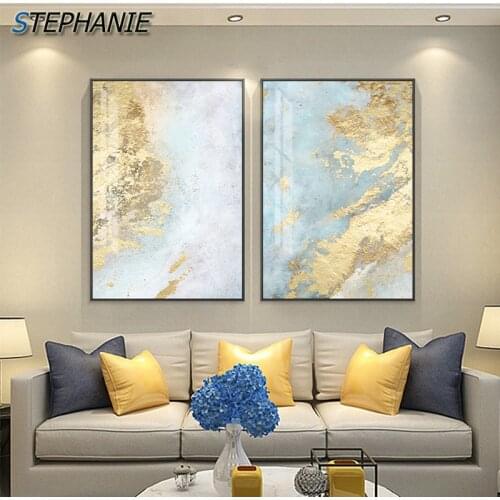 Nodic White Light Blue Canvas Painting Abstract Wall Art Pictures for Living Room Big Cuadros Tableaux Big Gold Poster and Print