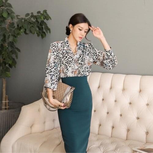 New arrival fashion comfortable work style women sets leopard sexy shirt and slim pencil skirt vintage elegant office women sets