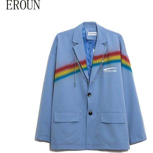 Blazer Women 2021 Spring Rainbow Print Small Suit Female Trend Cool Girl Style Loose Casual Couple Jacket Unisex +Matching Chain