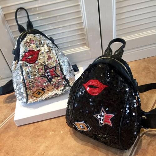 Sequined Backpacks Teenager Girls PU Lips Bling Backpack Glitter Girls Travel Shoulder Bags School Bag Women backpacks 965