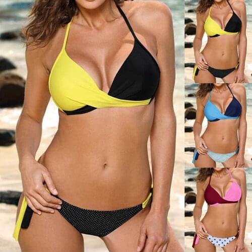 Sexy Bikini Halter Push Up Swimwear Women Swimsuit Cross Patchwork Hight Waist Swimming Bathing Suit Bikinis Set bikinis 2021
