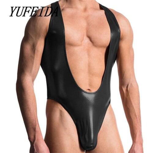 Sexy Mens Jumpsuits PU Leather Leotard Wrestling Singlet Body Shapers Bodysuits Long Penis Pouch T-back Catsuit Undershirts XXL