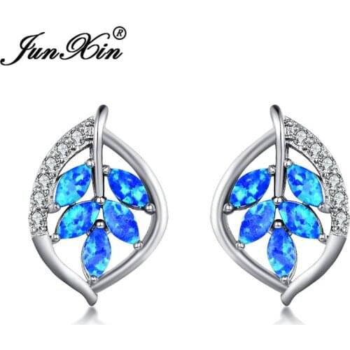 JUNXIN Silver Color Plant Tree Leaf Stud Earrings For Women Marquise Cut Blue White Fire Opal Earrings Wedding CZ