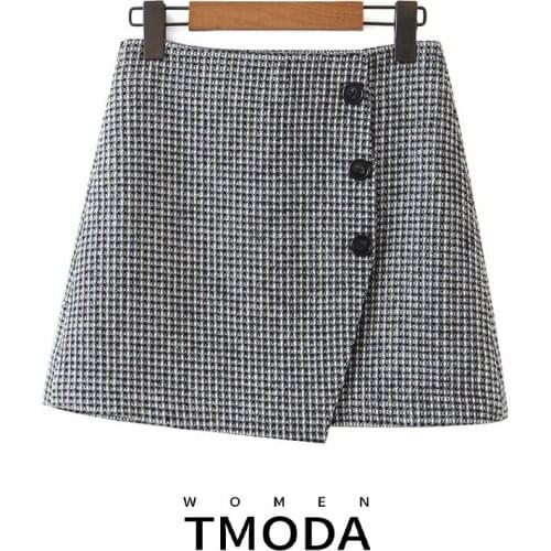 TMODA1672 2021 Autumn Winter Women Chic Plaid Tweed Skirts Ladies French Style Botton Skirts Female Woolen Mini Skirt