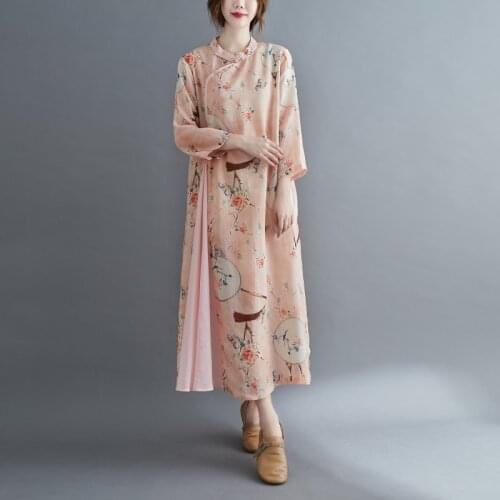 Retro Chinese Style Oblique Button Cotton Linen Dress Vintage Autumn Plus Size Long Dresses Loose Clothes Robe Vestido 12003