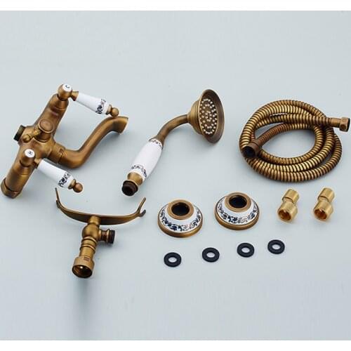 Vidric Wall Mounted Bath & Shower Faucet Antique Brass Dual Handle Dual Holes with Tub Filler Hot and Cold Telephone Style Fauce