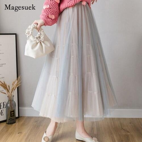 2021 New Spring Women Long Maxi Midi Mesh Fashion Casual High Waist Ladies Pleated Skirts for Women Tulle Skirts Womens 8962 50