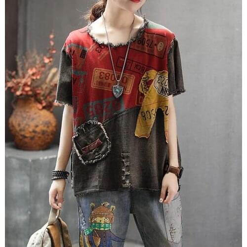 2021 Summer New Arts Style Women Short Sleeve Loose T-shirt Cotton Denim Vintage Hole Tee Shirt Femme Big Size Tops