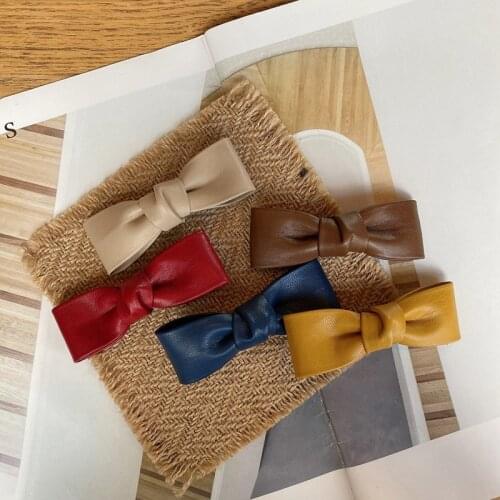 Women New Leather Bow Hairpin Lady Solid Color Hair Clips Accessories