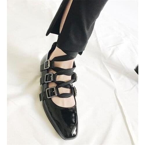 Fornihapfirafs Women Punk Shallow Women Shoes Black Leather Cross-tied Women Flats Square Toe Strappy Belt Buckle Women Shoes