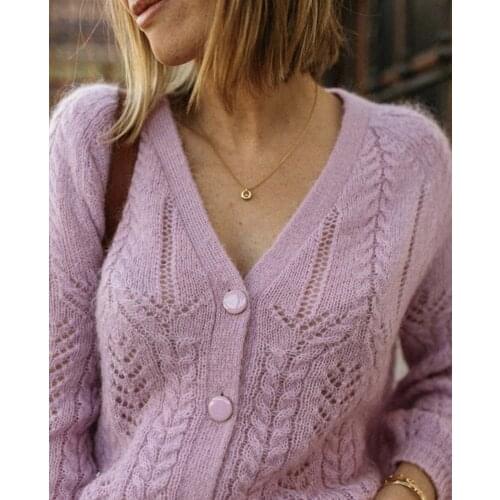 2021 autumn new woman sweater fashion V-neck hollow crochet mohair cardigan