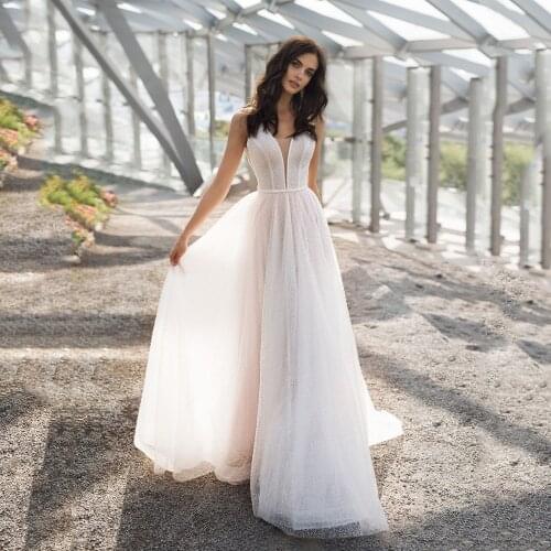 UZN Elegant Wedding Dress A-Line V-Neck Sleeveless Tank Glitter Tulle Bridal Dress Draped Skirt Brides Dress with Beading Belt