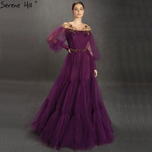 Purple Sexy Lantern Long Sleeves Evening Dress O-Neck Beading A-Line Tulle Formal Dress Women Elegant 2020 Serene Hill BLA70511