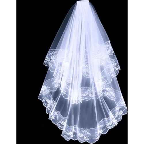 2 Tier Women Girls Halloween Cosplay Wedding Veil Scalloped Floral Lace Trim Double Layer Tulle Mesh Party Costume with Comb
