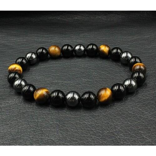 2020 Natural Tiger Eye Stone Luck Beads Mens Bracelet 10MM Tiger Eye & Hematite & Black Stone Bracelet Holiday gifts