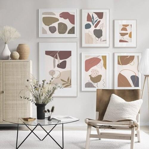 Abstract Color Geometric Canvas Paintings Beige Line Leaves Plants Wall Art Modern Posters Prints Pictures for Living Room Decor