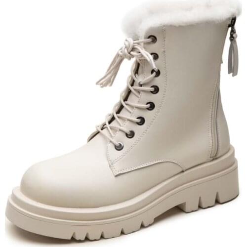 Women Split Leather Snow Boots Fashion Female Lace Up Platform Shoes Ladies Black Round Toe Zipper Style Ankle Boots 2021 Winter