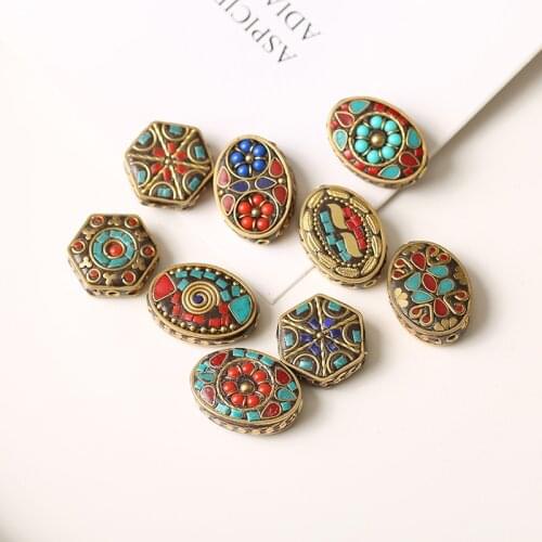 Handmade Hexagon Oval Tibetan Nepal Brass Beads Charms Necklace Bracelet Trinket for Women Man DIY Jewelry Making Wholesale