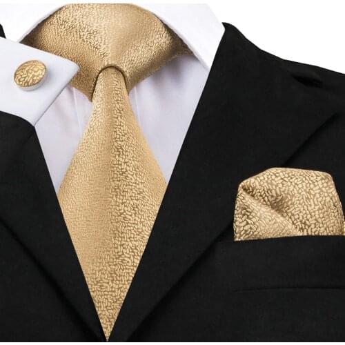 SN-532 Hot Selling Wholesale Golden Solid Tie Hanky Cufflinks Sets Mens Long Last Silk Ties for Formal Wedding Party Necktie