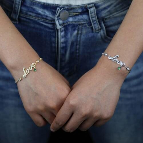 Hot selling gold color micro pave tear drop green drip cz love letter charm round cz station linked bracelet for girl women