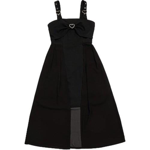 Gothic Lolita Kawaii Spaghetti Strap Dress Girls Overalls Autumn Harajuku Vintage Bow Heart Casual Cosplay Party Black Dress