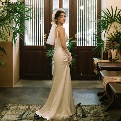 KAUNISSINA Wedding Dresses Spaghetti Straps V-Neck Bride Dress Sexy Backless Wedding Gowns Satin Wedding Dress Robe Custom Size