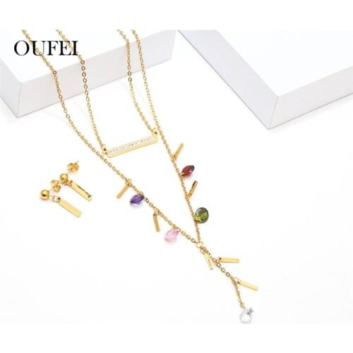 OUFEI Zircon Multi Layer Necklace Earrings Set Stainless Steel Jewelry Sets Gifts For Women Fashion Jewelry Accessories