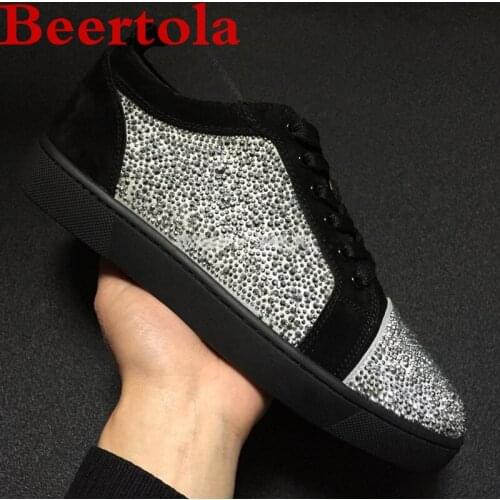 Mens Sneakers With Crystal Round Toe Flock Casual Flats Men Lace Up Luxury Shoes For Wedding Thick Bottom Shiny Tenis Masculino