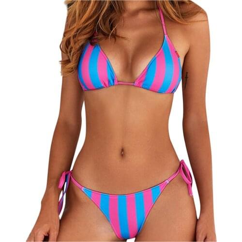 Summer Swimwear WomenS Two-Piece Bikini Stripe Halter Open-Back Beach Swimsuit Bikini Suit Bikini With Swimming Trunks Z1212