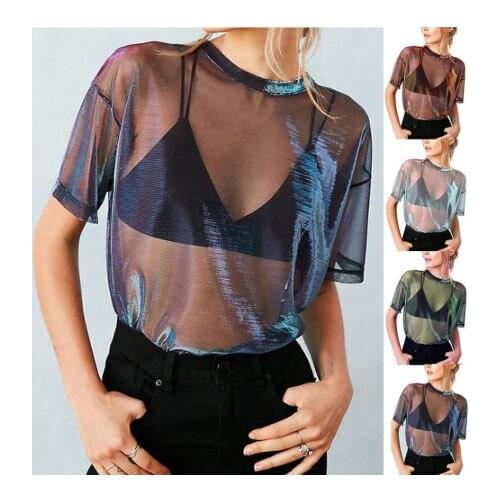 Summer New B-ling Transparent T Shirt Women Sheer Short Sleeve Mesh Top Tshirt Party Shirts Casual Loose Fashion Shirt Colorful