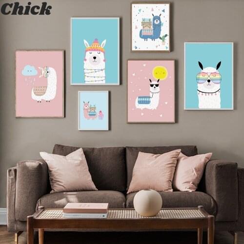 Cartoon Cute Alpaca Llamas Glasses Cactus Wall Art Canvas Painting Nordic Posters And Prints Wall Pictures Baby Kids Room Decor