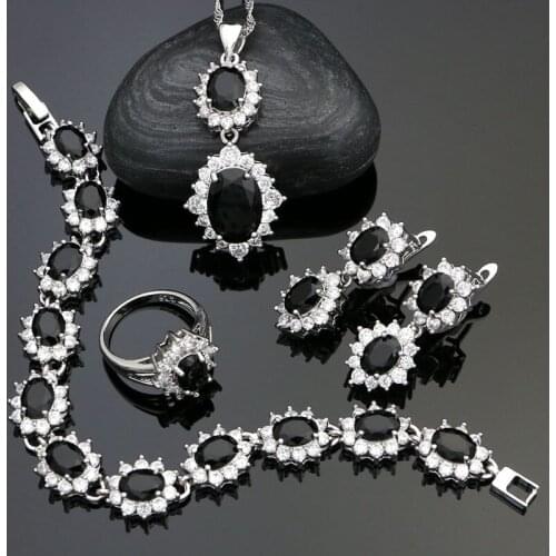 Punk 925 Sterling Silver Party Jewelry Sets For Women White Black Cubic Zirconia Earrings/Pendant/Necklace/Ring/Bracelet Set
