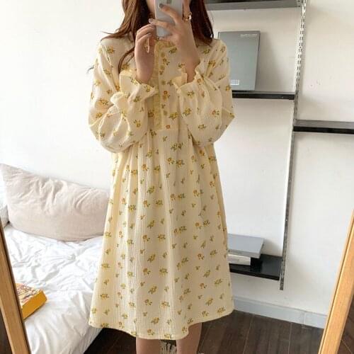 Floral Print Ruffles Nightgown Sleepwear Long Sleeve Soft Cotton Loose Nightdress Homewear Elegant Home Clothes Kawaii Korean