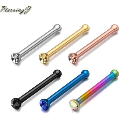 PiercingJ 6Pcs 20G Stainless Steel Nose Stud Nose Pin Bone Rings Cubic Zirconia Crystal Straight Bar Nose Retainer Body Piercing