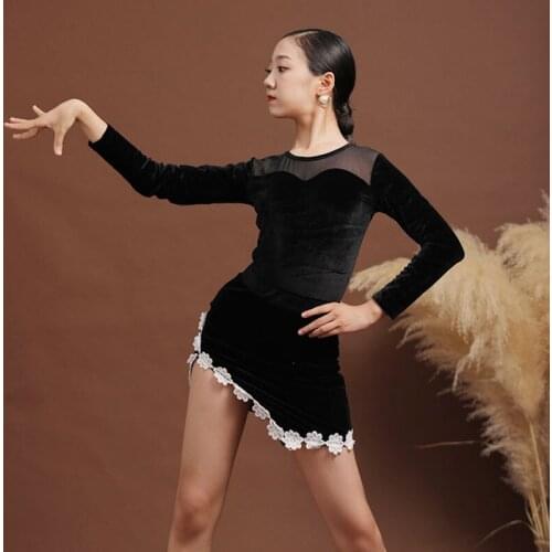 New Latin Dance Dress For Girls Long Sleeve 2 Piece Suit Professional Kids Samba Tango Cha Cha Competition Stage Dress DQL4422