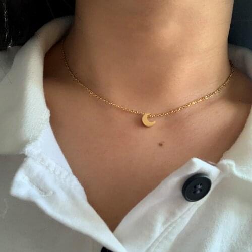 Simple Stainless Steel Cute Small Moon Shape Pendants Necklaces for Women Men Trendy Gold Color Chain Choker Charm Necklaces