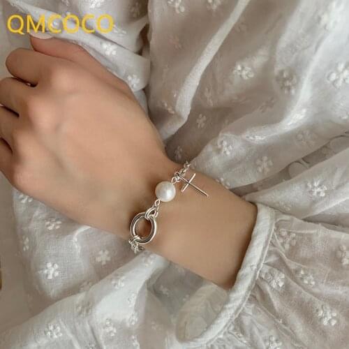 QMCOCO 925 Silver 2021 New Style Fashion Cross Pearl Bracelet INS Trend Women Birthday Party Gift Egraceful Light Luxury Jewelry
