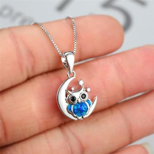 Luxury Crystal Animal Owl Pendant Necklace Female Blue Opal Wedding Necklace Vintage Silver Color Moon Chain Necklaces For Women