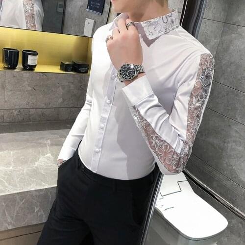British Style Sexy Lace Long Sleeve Shirt Men Fashion 2020 Streetwear Slim Fit Men Casual Shirts Night Club Prom Tuxedo 4XL-M