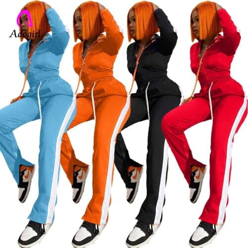 Tracksuit Sports Patchwork Womens Set 2 Piece Set Zipper Tops Slit Flare Jogger Pants Suit Tracksuit Matching Set Casual Outfit