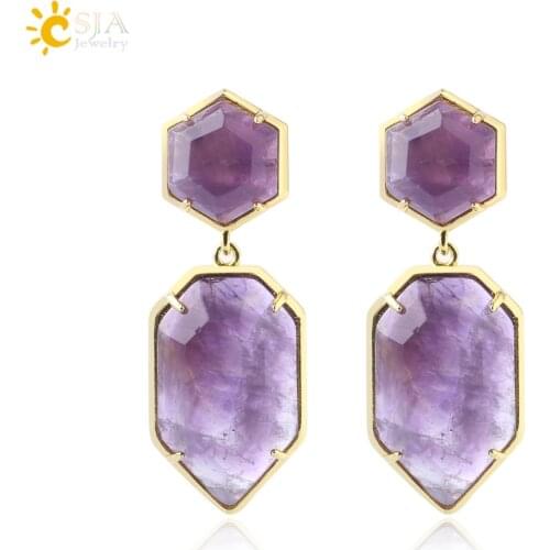 CSJA Polygons Crystal Stud Earrings for Women Gold Color Long Natural Stone Earring Purple White Quartz Black Onyx Jewelry F780